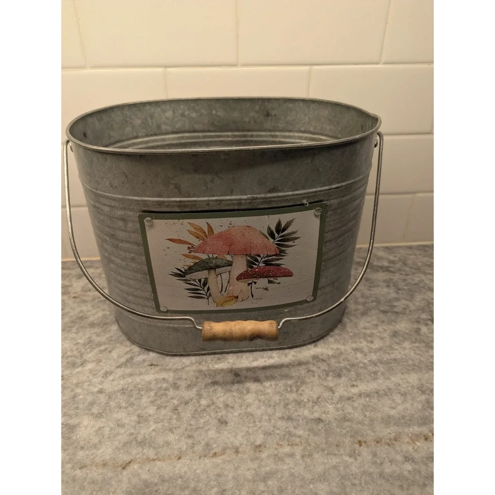 Mushroom Metal Bucket With Wooden Handle Kitschy 8